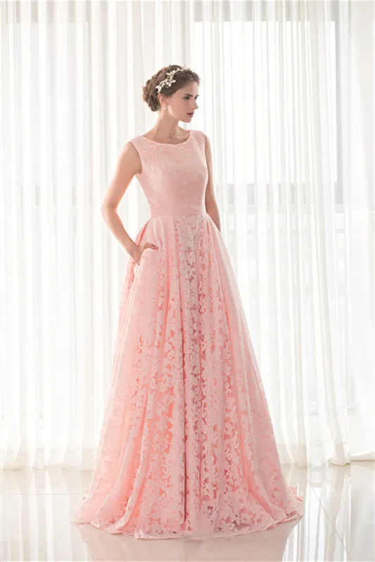 Draped Lace O-Neck Train Prom Dresses