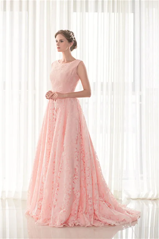 Draped Lace O-Neck Train Prom Dresses