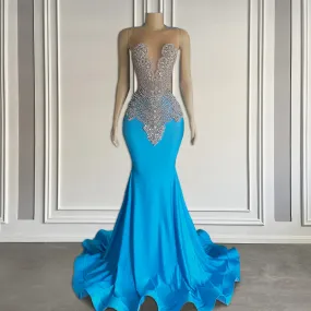 Elegant Blue Long Prom Dresses Luxury Crystal Beaded Mermaid Style Black Girls Prom Gala Gowns