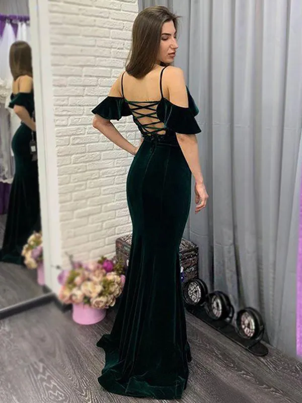 Emerald Blackish Green Velvet Spaghetti Straps Off-shoulder Mermaid Long Prom Dress, PD3278