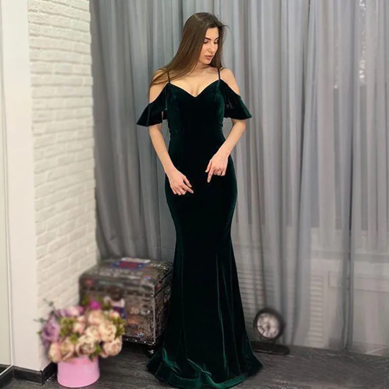 Emerald Blackish Green Velvet Spaghetti Straps Off-shoulder Mermaid Long Prom Dress, PD3278