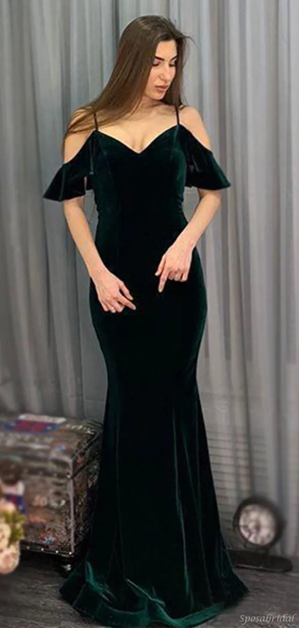 Emerald Blackish Green Velvet Spaghetti Straps Off-shoulder Mermaid Long Prom Dress, PD3278