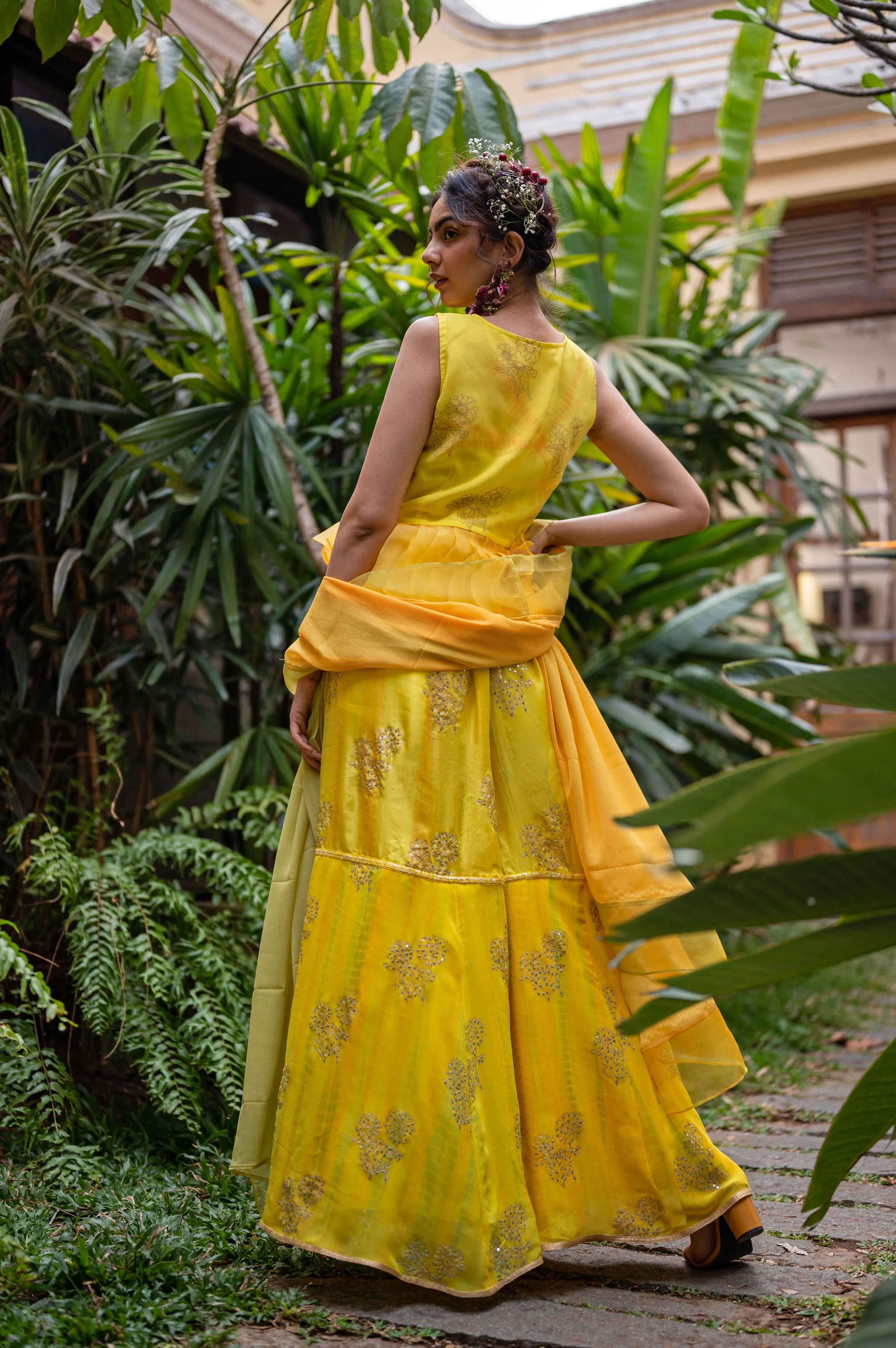 Frilled georgette top with hand block print sunflower and organza sash