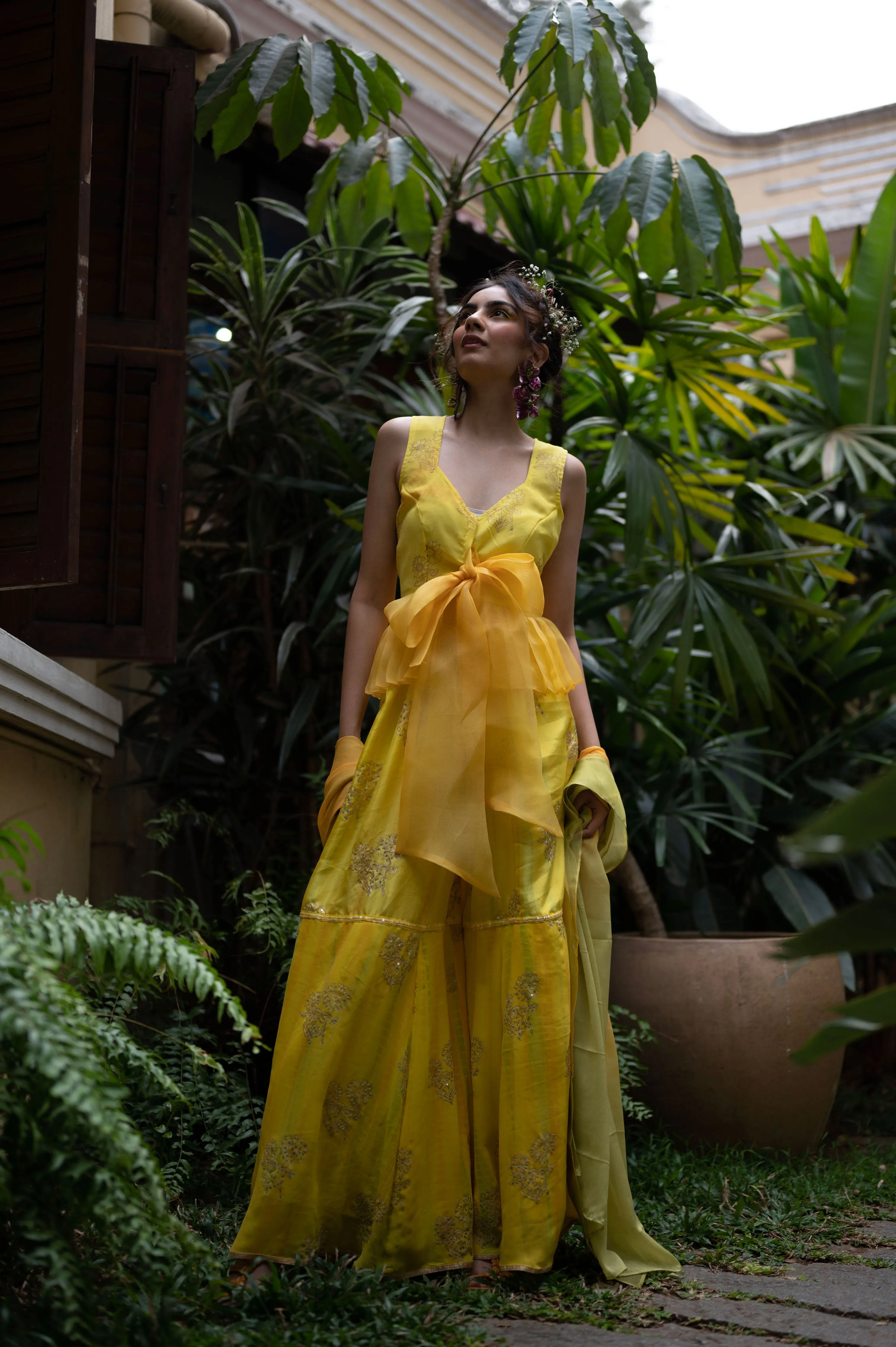 Frilled georgette top with hand block print sunflower and organza sash