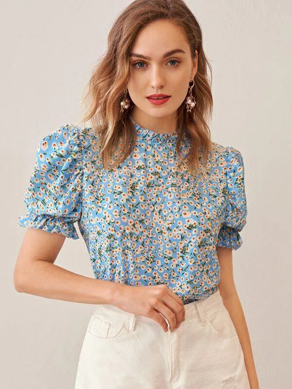 Frilled Neck and Cuff Puff Sleeve Ditsy Floral Top