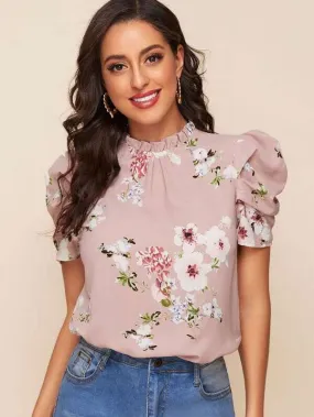 Frilled Neck Puff Sleeve Floral Top