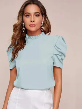 Frilled Neck Puff Sleeve Top