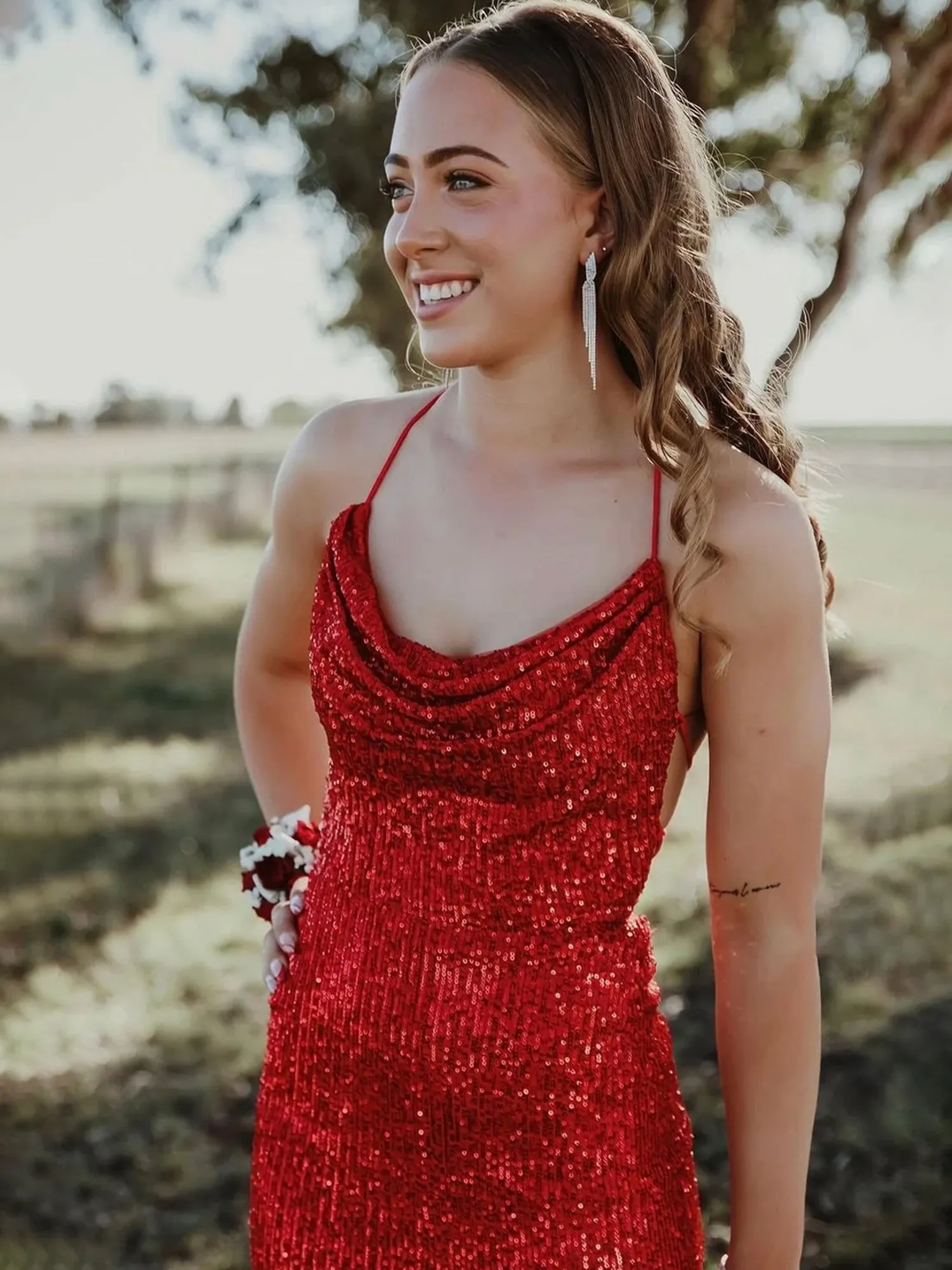 Gemini | Red Halter Mermaid Sequins Prom Dress With Split