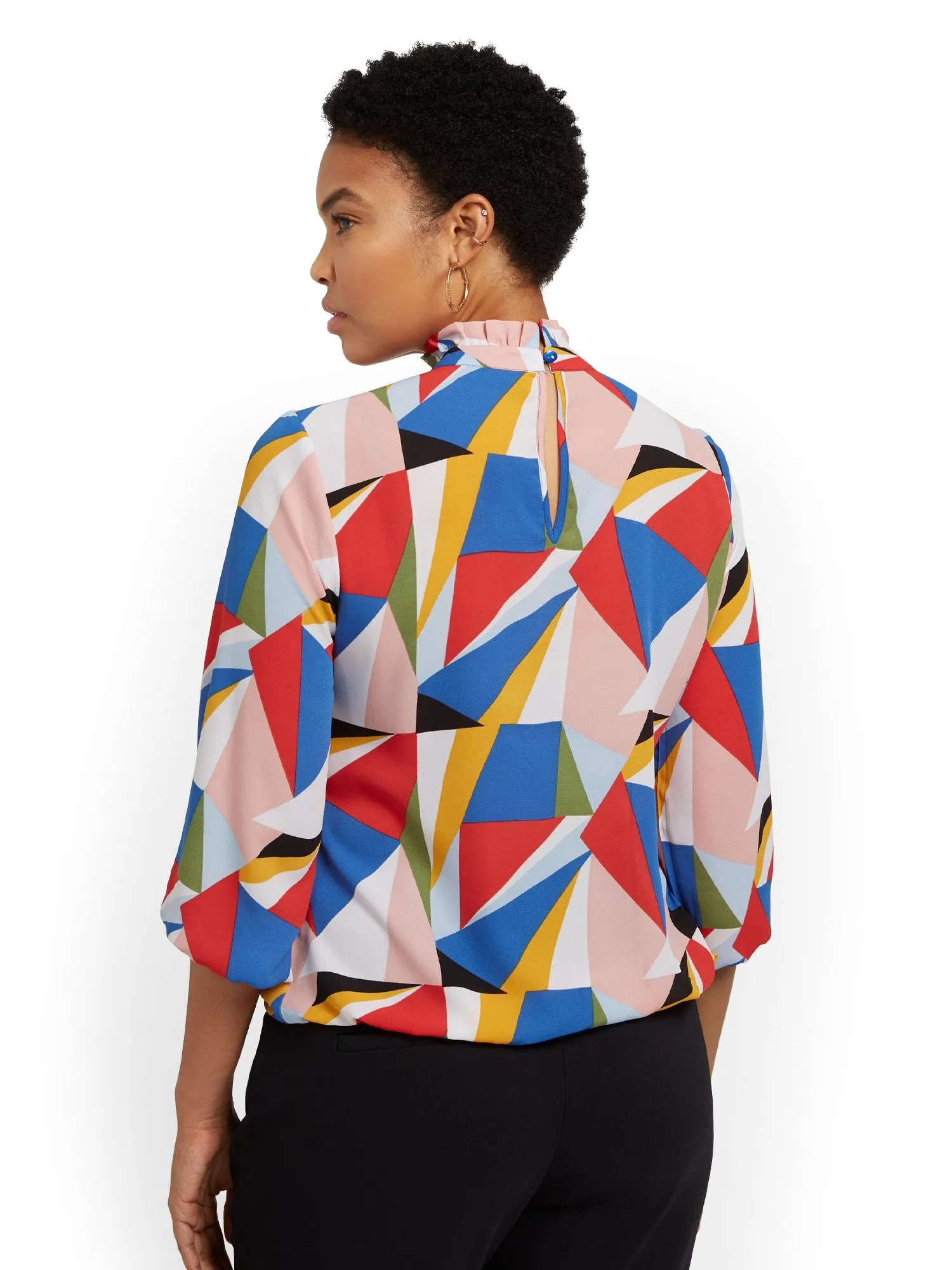 Geometric-Print Mock-Neck Blouse