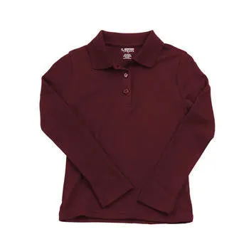 Girls Burgundy Long Sleeve Soft Knit Polo with Picot Collar