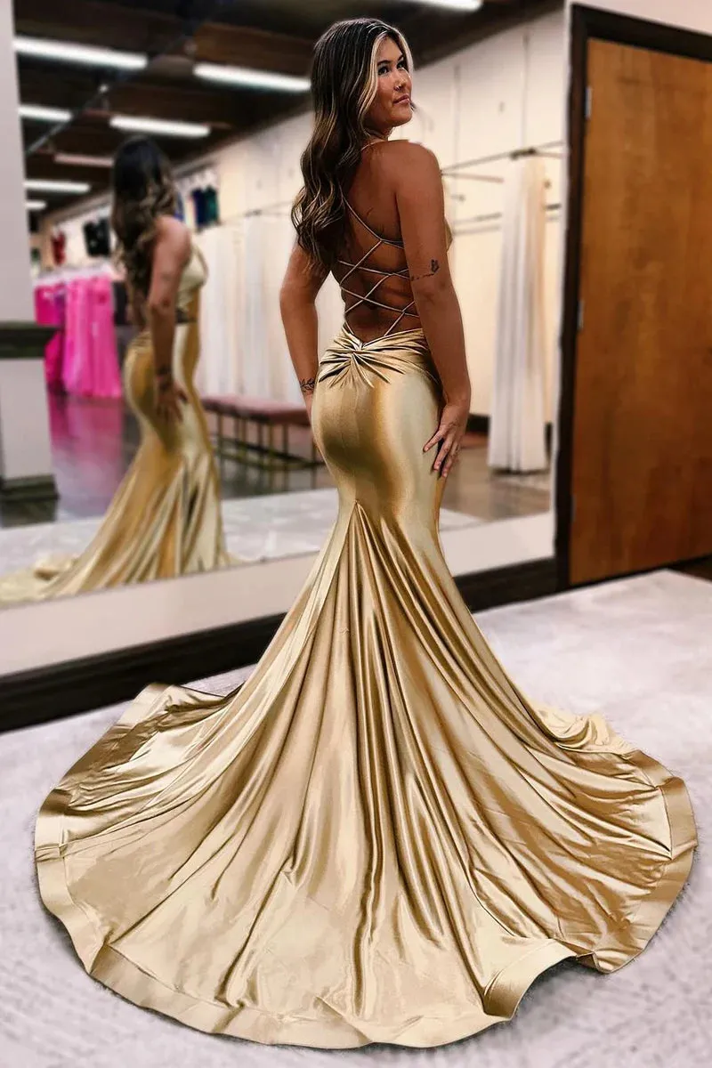 Golden Satin V Neck Cutout Mermaid Prom Dresses