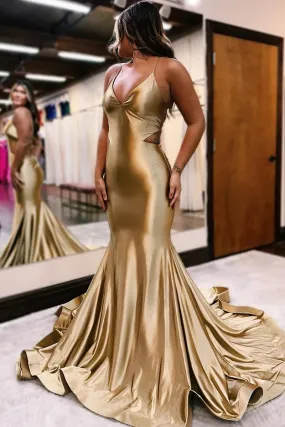 Golden Satin V Neck Cutout Mermaid Prom Dresses