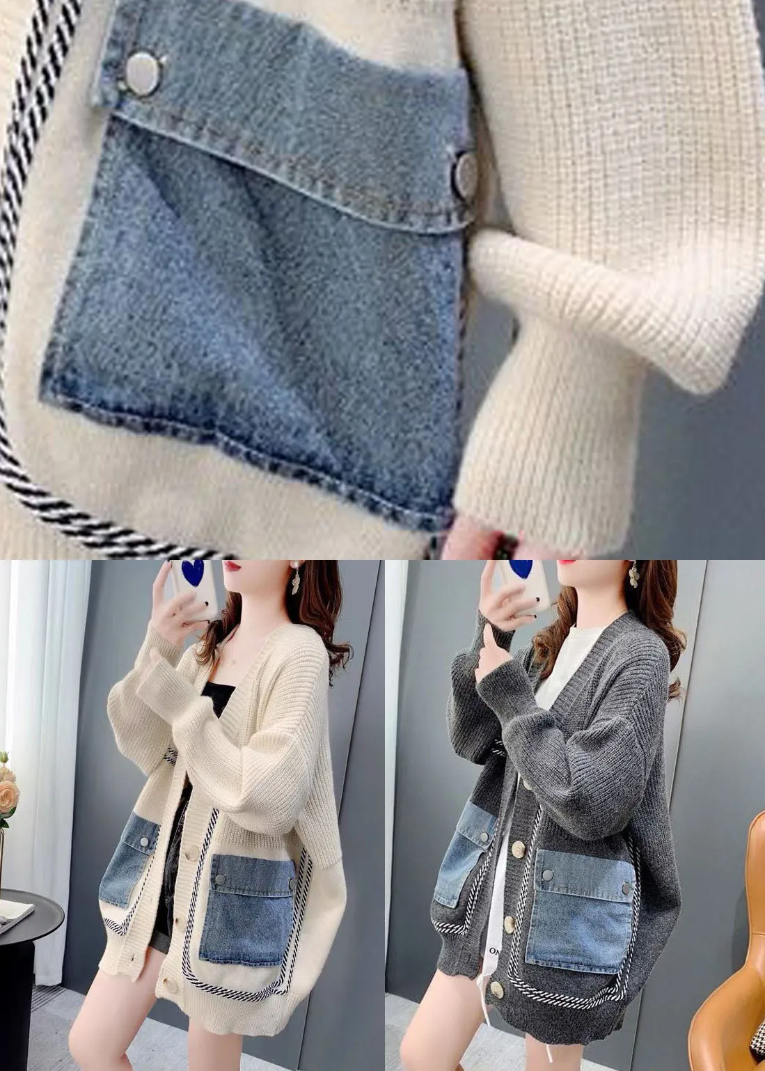 Grey Patchwork Denim Knit Loose Cardigans V Neck Pockets Winter