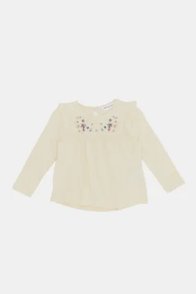 Infant Girls Cream Frilled Blouse With Embroidery