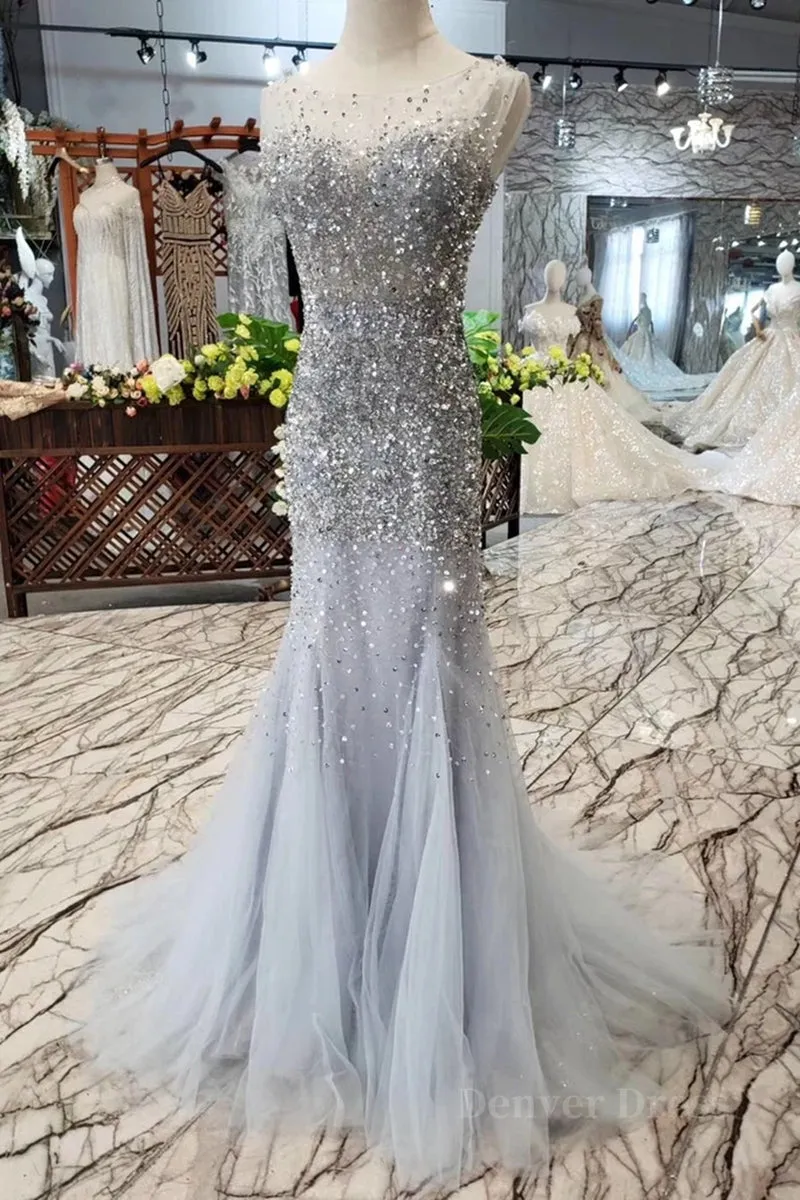 kamahe Gorgeous Mermaid Backless Silver Grey Sequins Prom Dress, Mermaid Silver Grey Formal Dress, Shiny Silver Grey Evening Dress