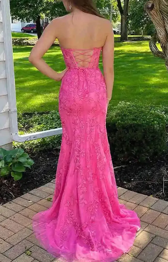 kamahe Mermaid Sweetheart Hot Pink Lace Appliques Prom Dresses