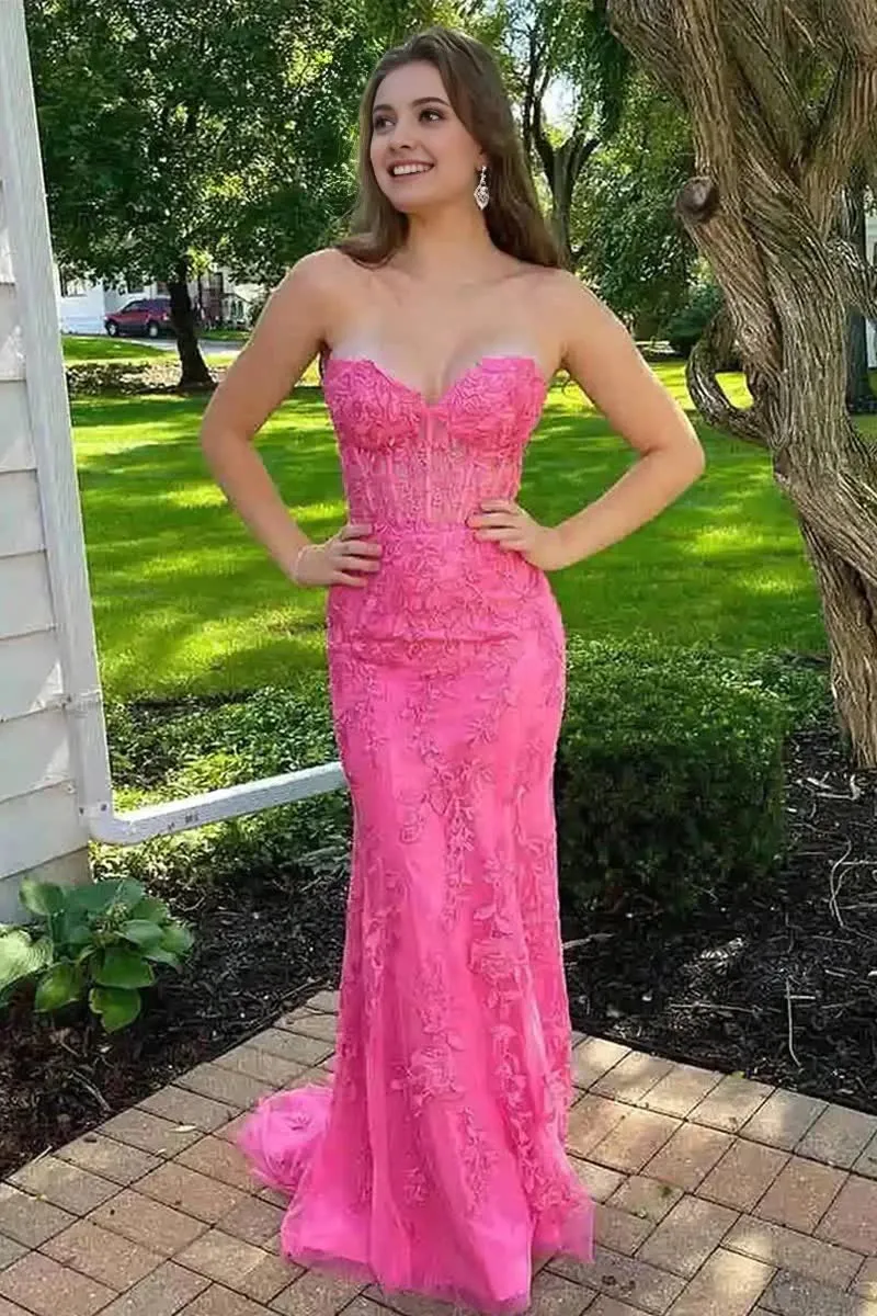 kamahe Mermaid Sweetheart Hot Pink Lace Appliques Prom Dresses