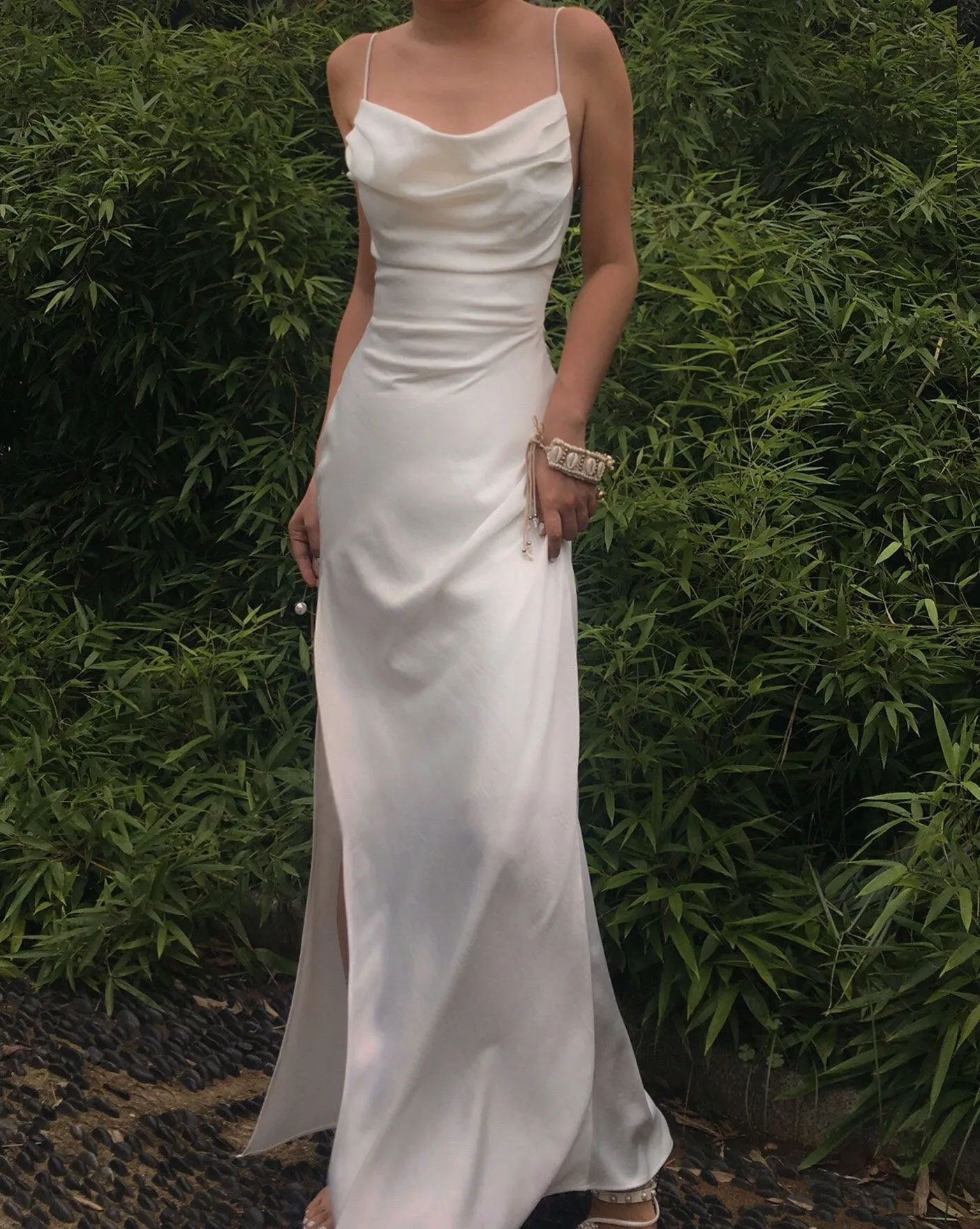 kamahe Sexy Mermaid Cowl Neck Spaghetti Straps White Silk Prom Dresses