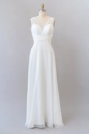 Long Empire A-line V-neck Lace Chiffon Open Back Wedding Dress