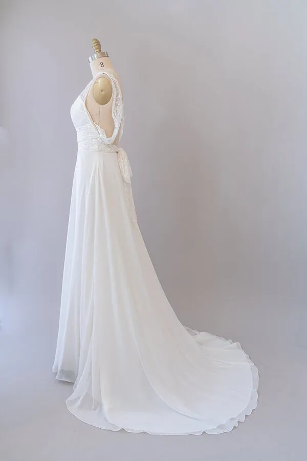 Long Empire A-line V-neck Lace Chiffon Open Back Wedding Dress