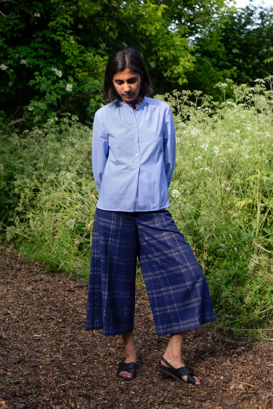 Marie Gather Neck A-Line Blouse in Blue Recycled Cotton by Saywood