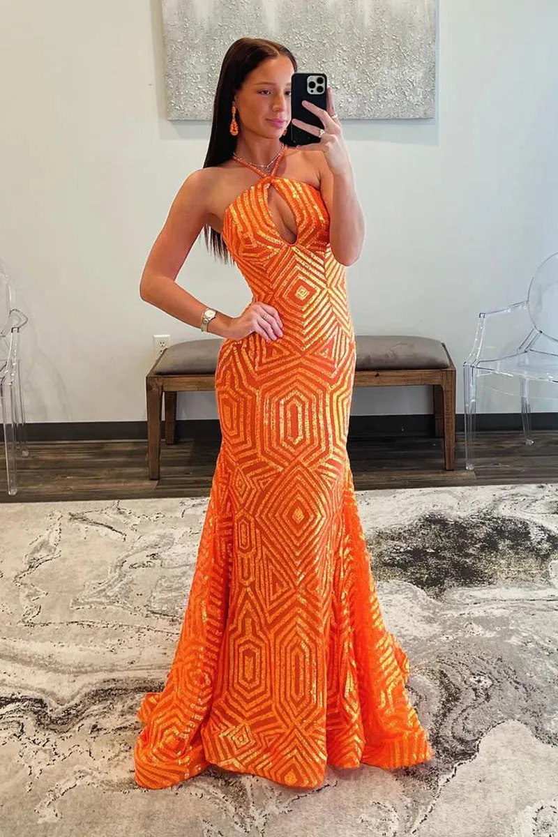 Mermaid Halter Keyhole Orange Sequins Long Prom Dresses