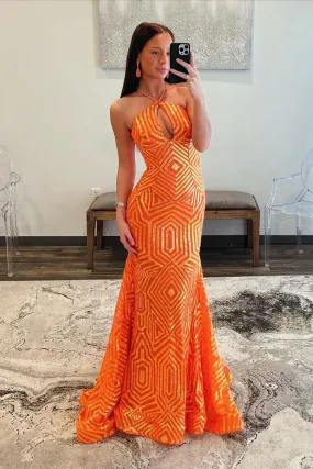 Mermaid Halter Keyhole Orange Sequins Long Prom Dresses