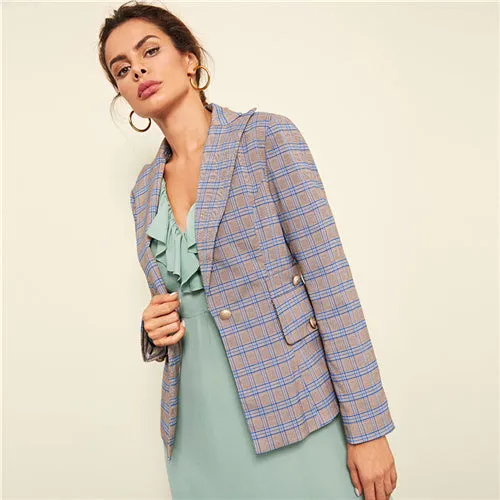 Multicolor Office Lady Elegant Single Button Breasted Plaid Highstreet Blazer