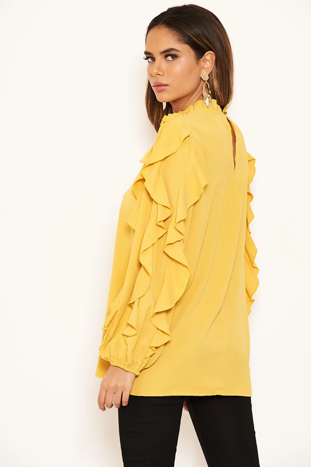 Mustard Frilled Sleeve High Neck Top