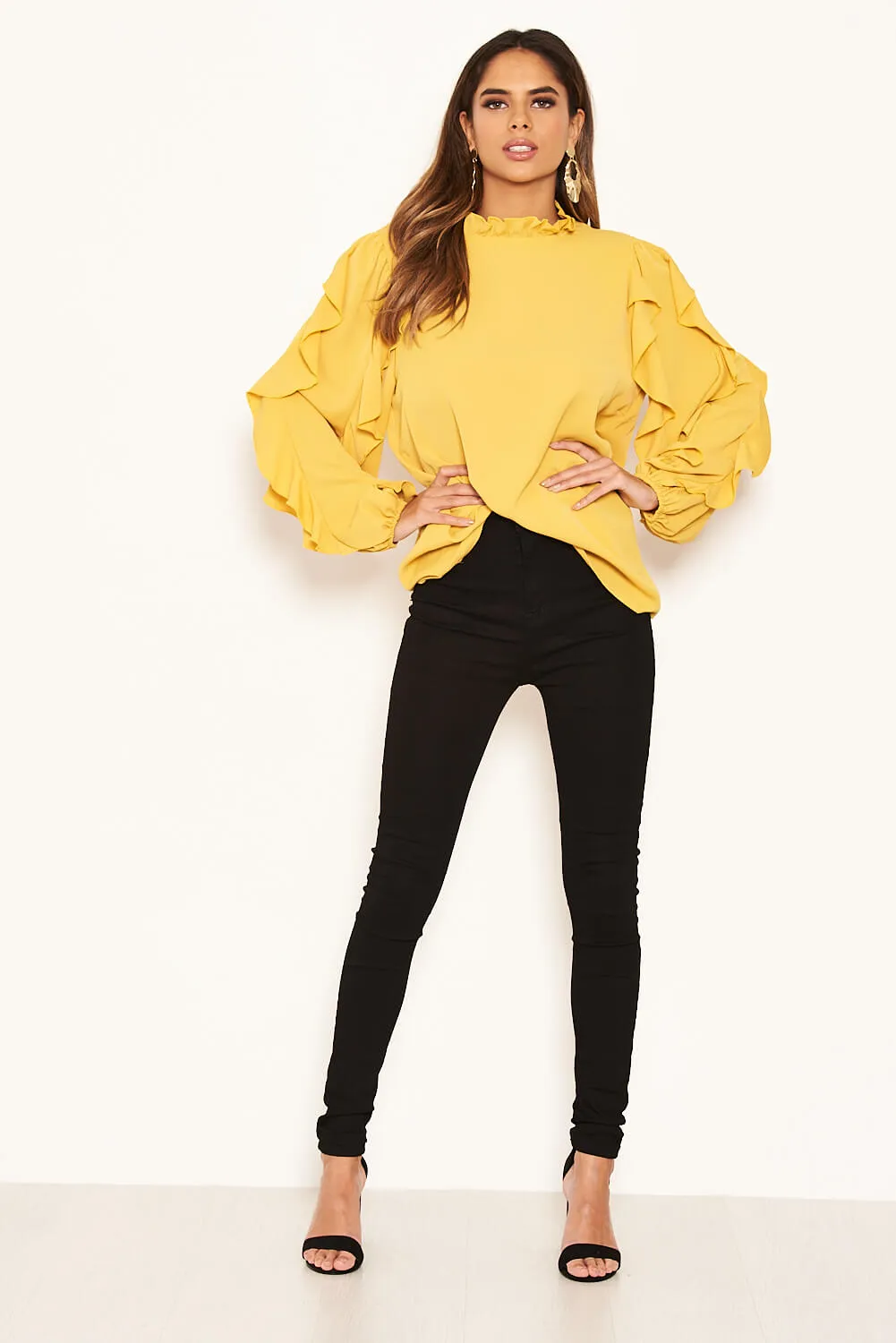 Mustard Frilled Sleeve High Neck Top