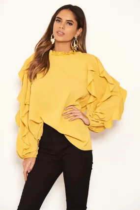 Mustard Frilled Sleeve High Neck Top