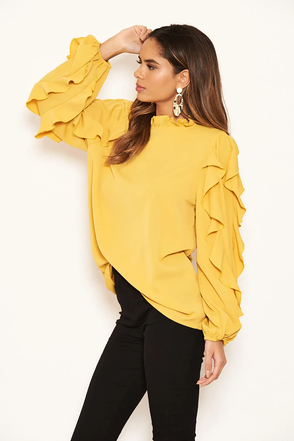 Mustard Frilled Sleeve High Neck Top