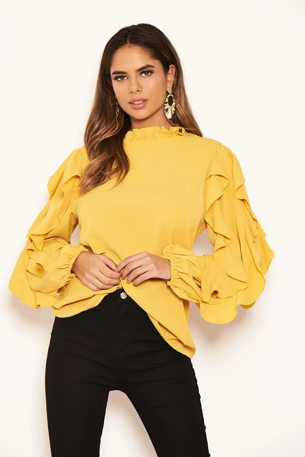 Mustard Frilled Sleeve High Neck Top