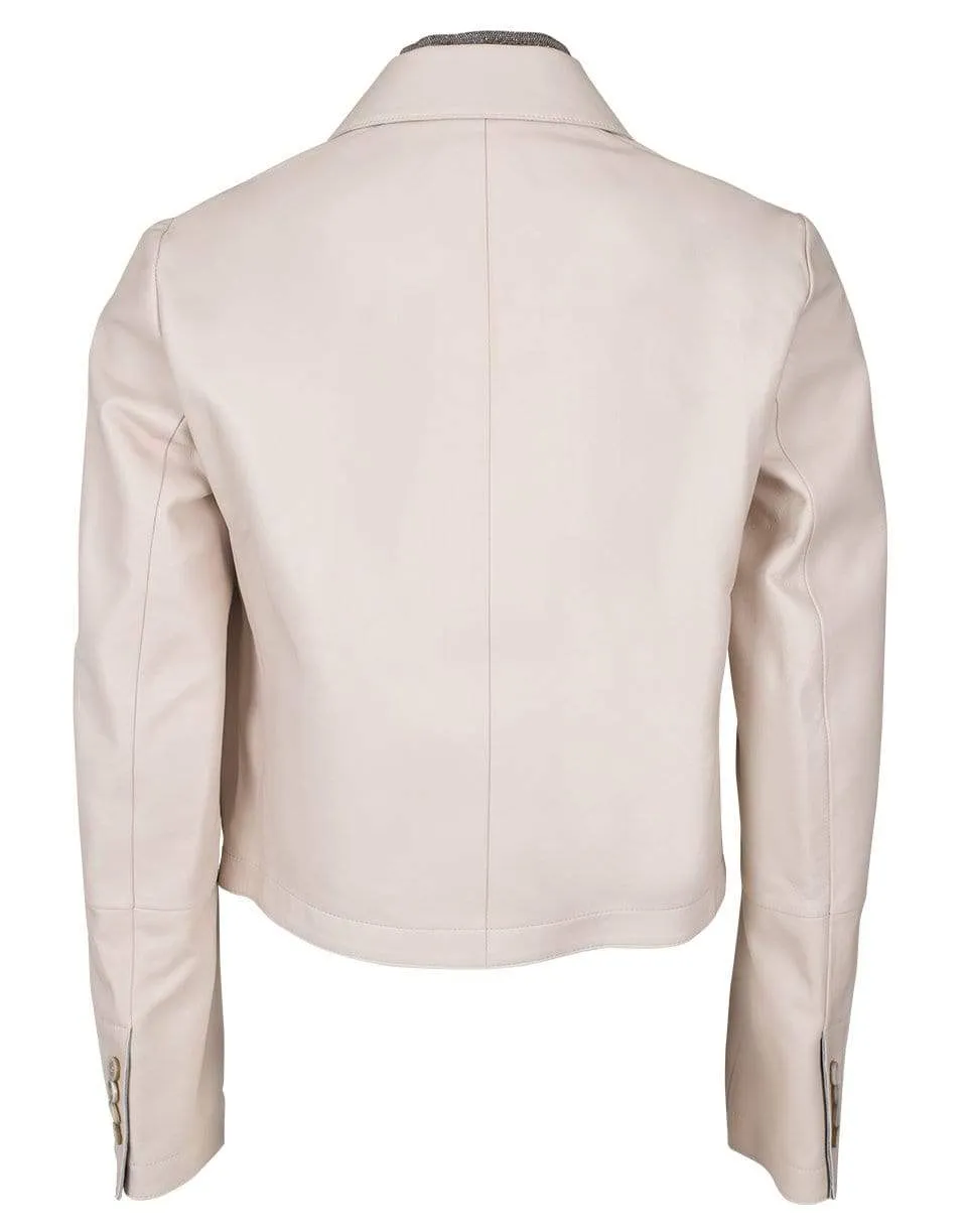 Natural Cropped Double Breasted Monili Collar Leather Blazer