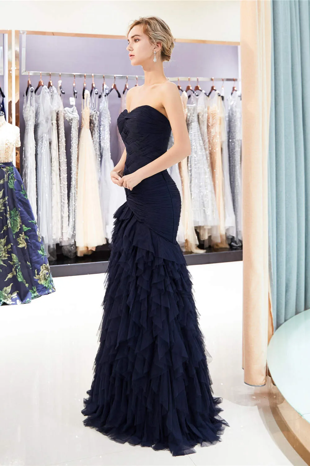 Navy Blue Sheath Sweetheart Strapless Draped Tulle Pleats Prom Dresses