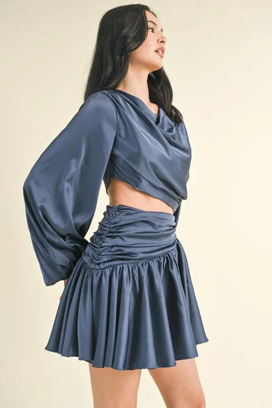 Navy Long Balloon Sleeve Satin Draped Cut Out Dress