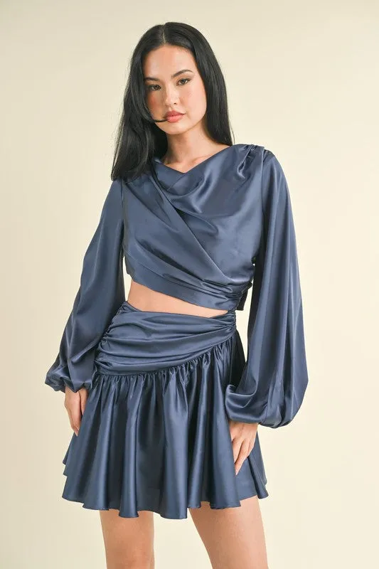 Navy Long Balloon Sleeve Satin Draped Cut Out Dress