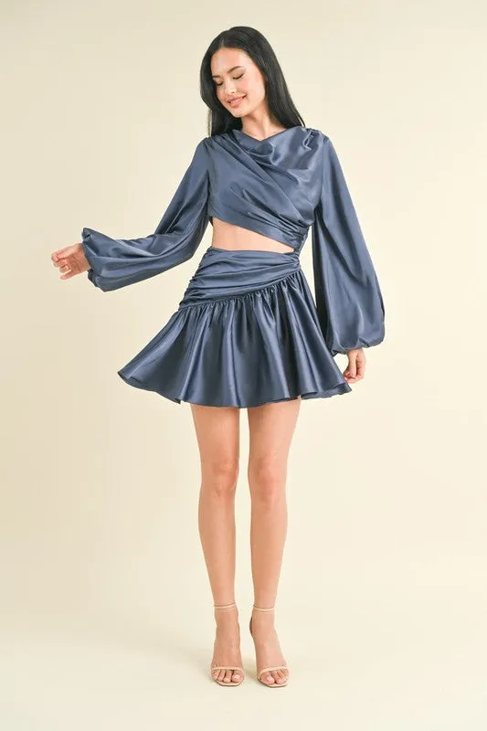 Navy Long Balloon Sleeve Satin Draped Cut Out Dress