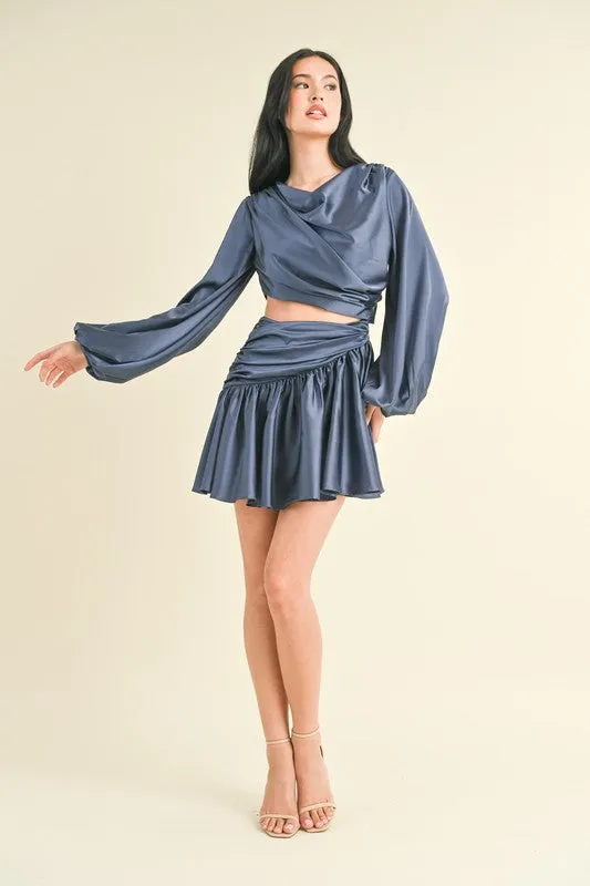 Navy Long Balloon Sleeve Satin Draped Cut Out Dress