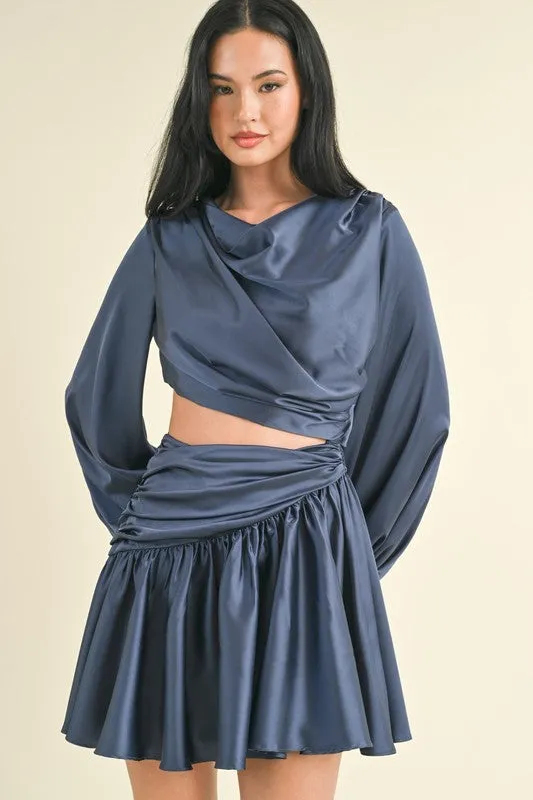 Navy Long Balloon Sleeve Satin Draped Cut Out Dress