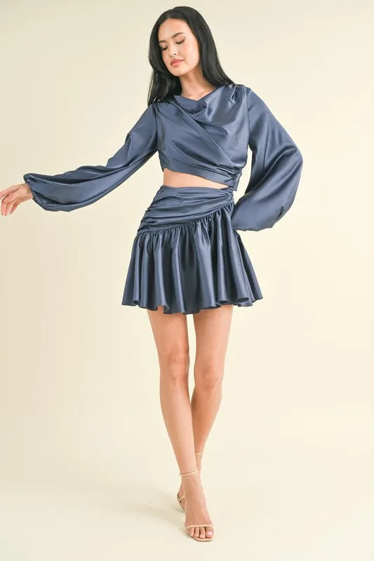 Navy Long Balloon Sleeve Satin Draped Cut Out Dress