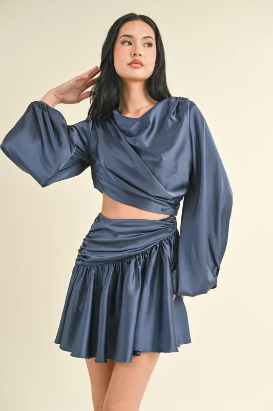 Navy Long Balloon Sleeve Satin Draped Cut Out Dress