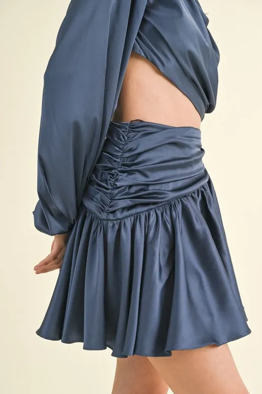 Navy Long Balloon Sleeve Satin Draped Cut Out Dress