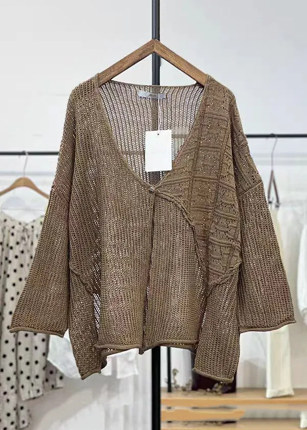 New Apricot V Neck Hollow Out Knit Cardigans Long Sleeve VV071