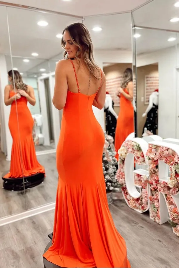 Orange Spandex Mermaid Prom Dresses,Strap Formal Dresses