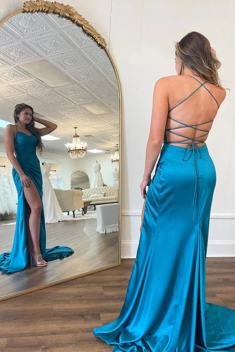 Peacock Blue Spaghetti Straps Satin Mermaid Prom Dresses with Slit