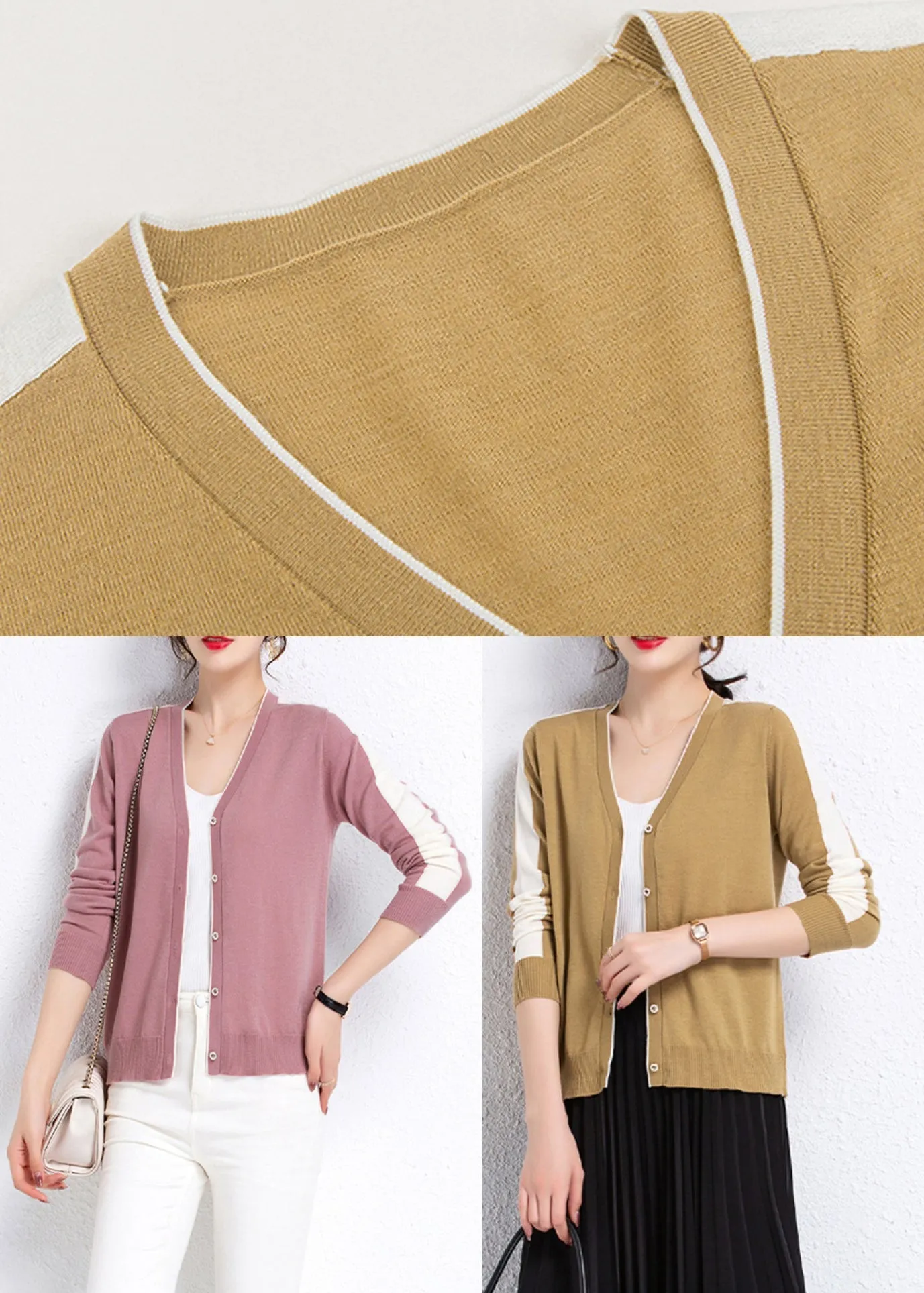 Pink Button Colorblock Wool Knit Cardigans Long Sleeve