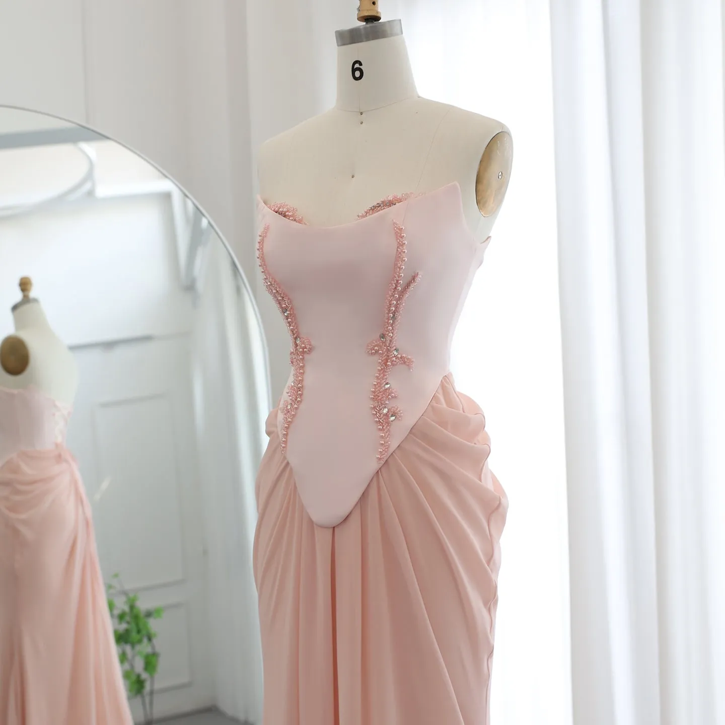 Pink Handmade Draped Strapless Chiffon Mermaid Evening Dress SS220