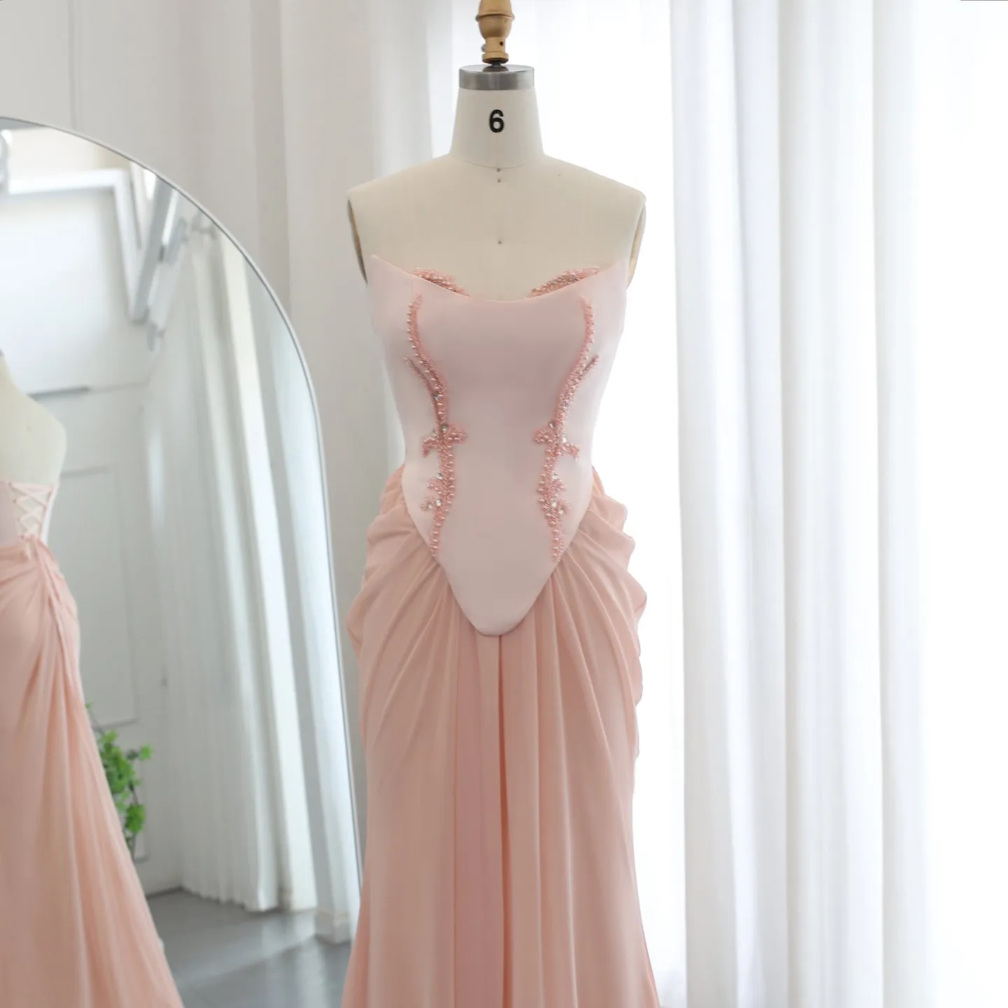 Pink Handmade Draped Strapless Chiffon Mermaid Evening Dress SS220