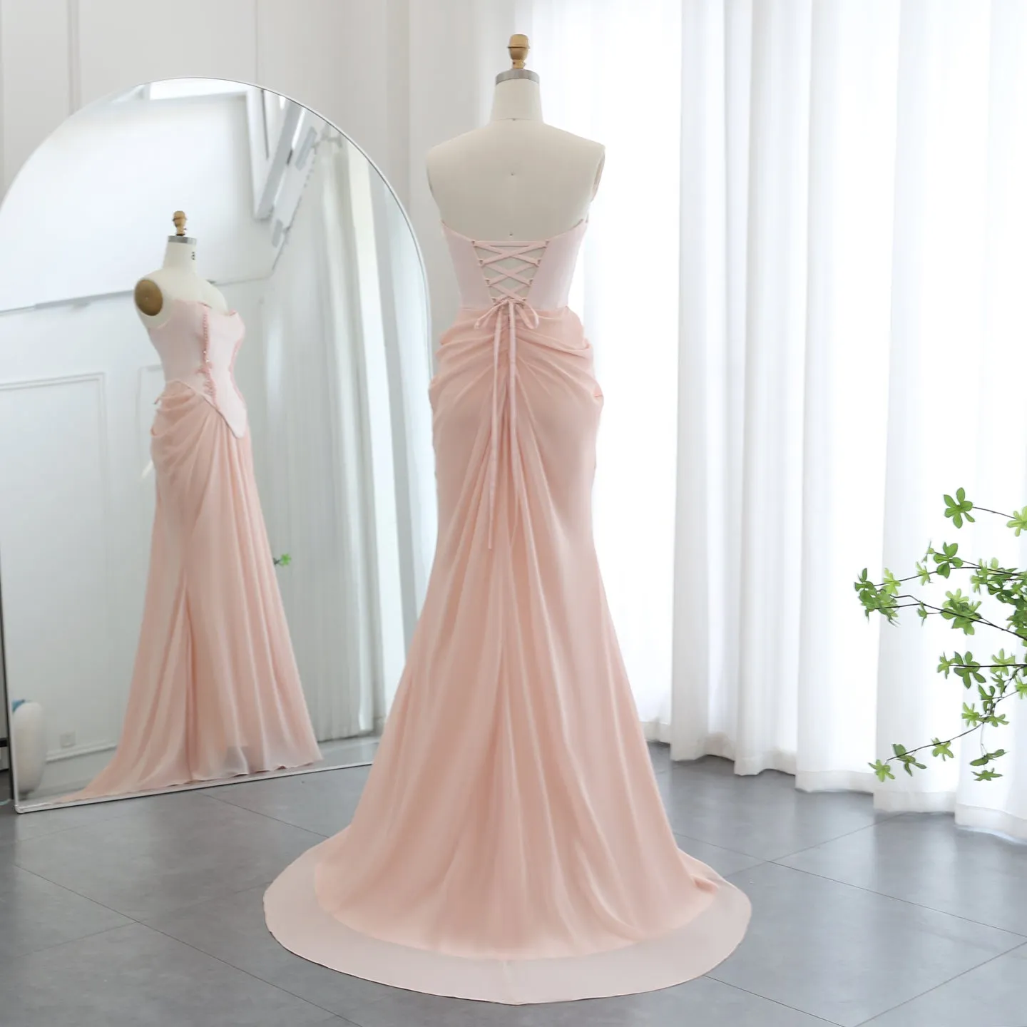 Pink Handmade Draped Strapless Chiffon Mermaid Evening Dress SS220